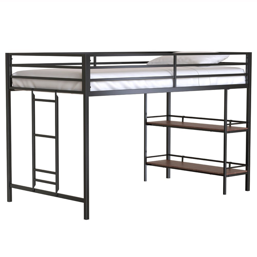 Benjara Ady Twin Size Loft Bed with Ladder And 2 Wood Shelves, Black Metal Frame