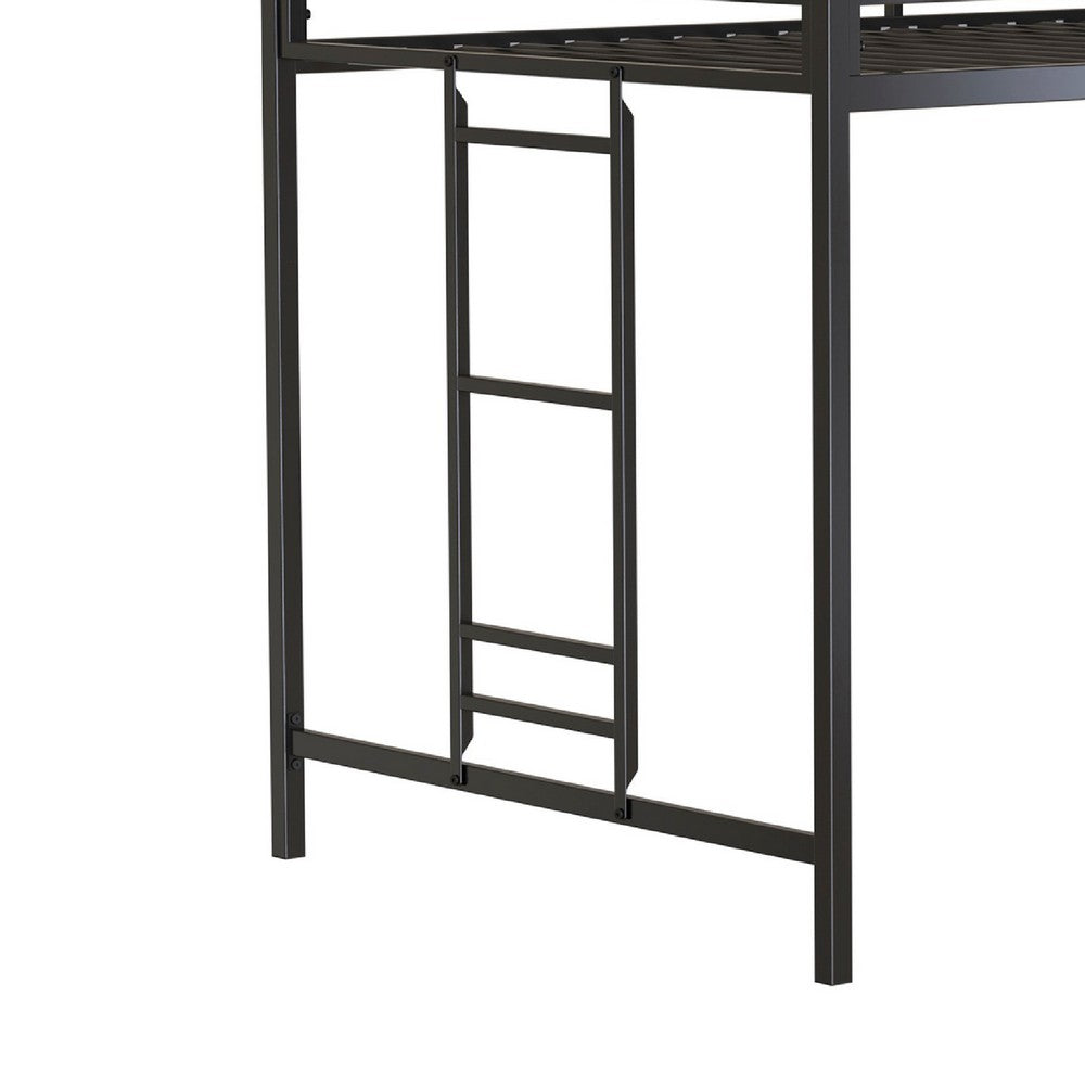 Benjara Ady Twin Size Loft Bed with Ladder And 2 Wood Shelves, Black Metal Frame