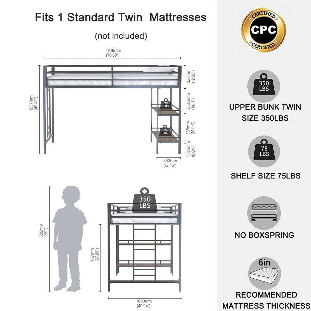 Benjara Ady Twin Size Loft Bed with Ladder And 2 Wood Shelves, Black Metal Frame