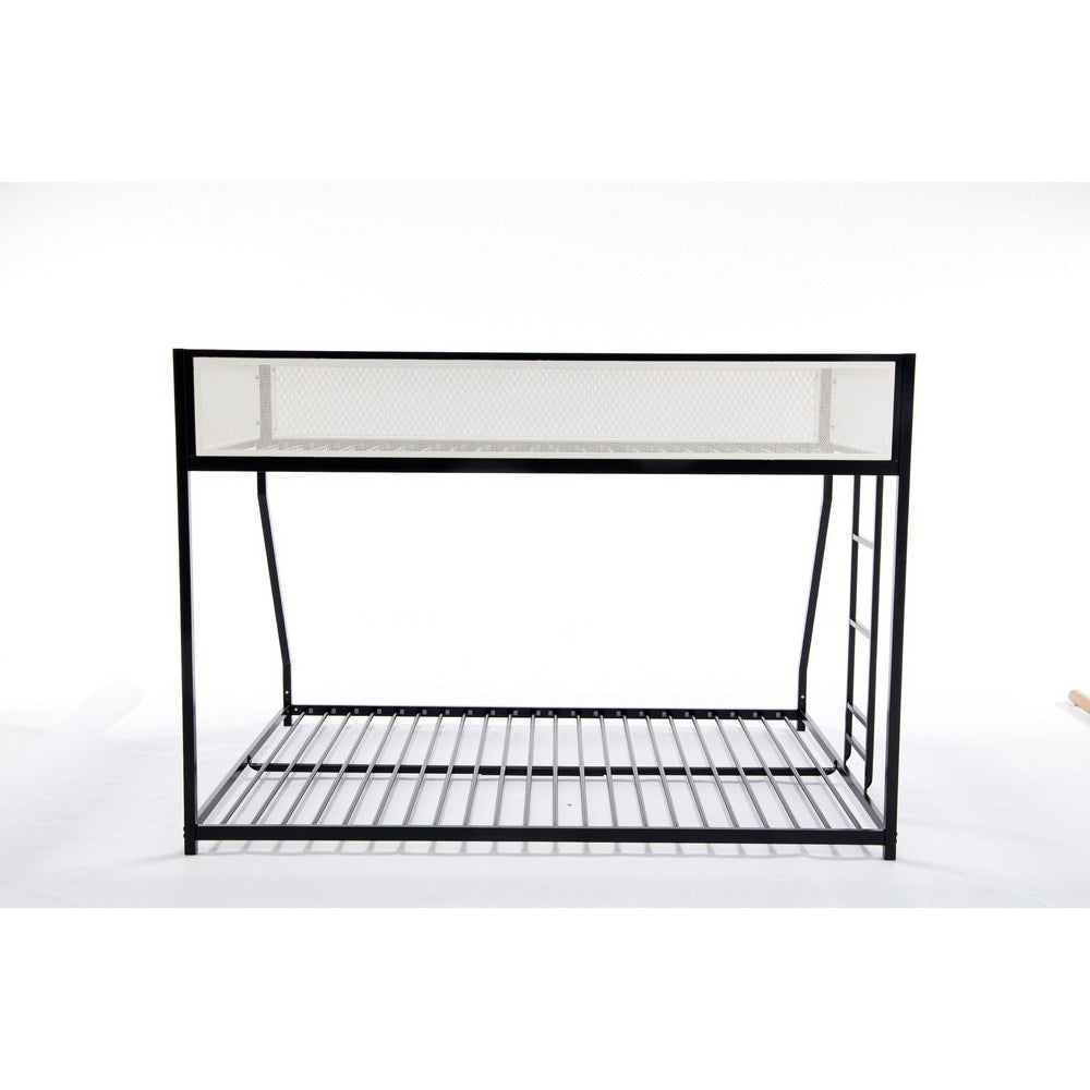 Benjara Ady Low Profile Twin Over Full Bunk Bed with Mesh Guardrail, Black Metal