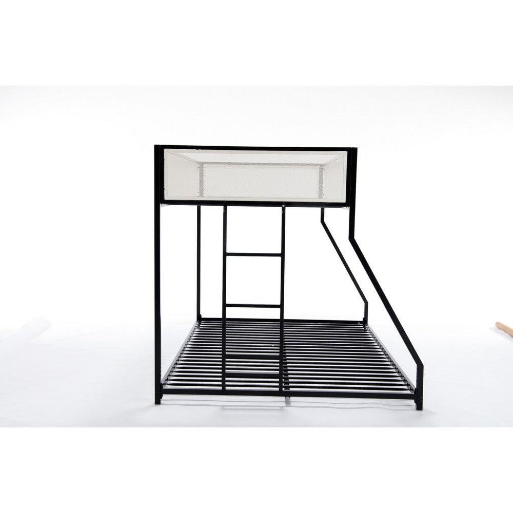 Benjara Ady Low Profile Twin Over Full Bunk Bed with Mesh Guardrail, Black Metal