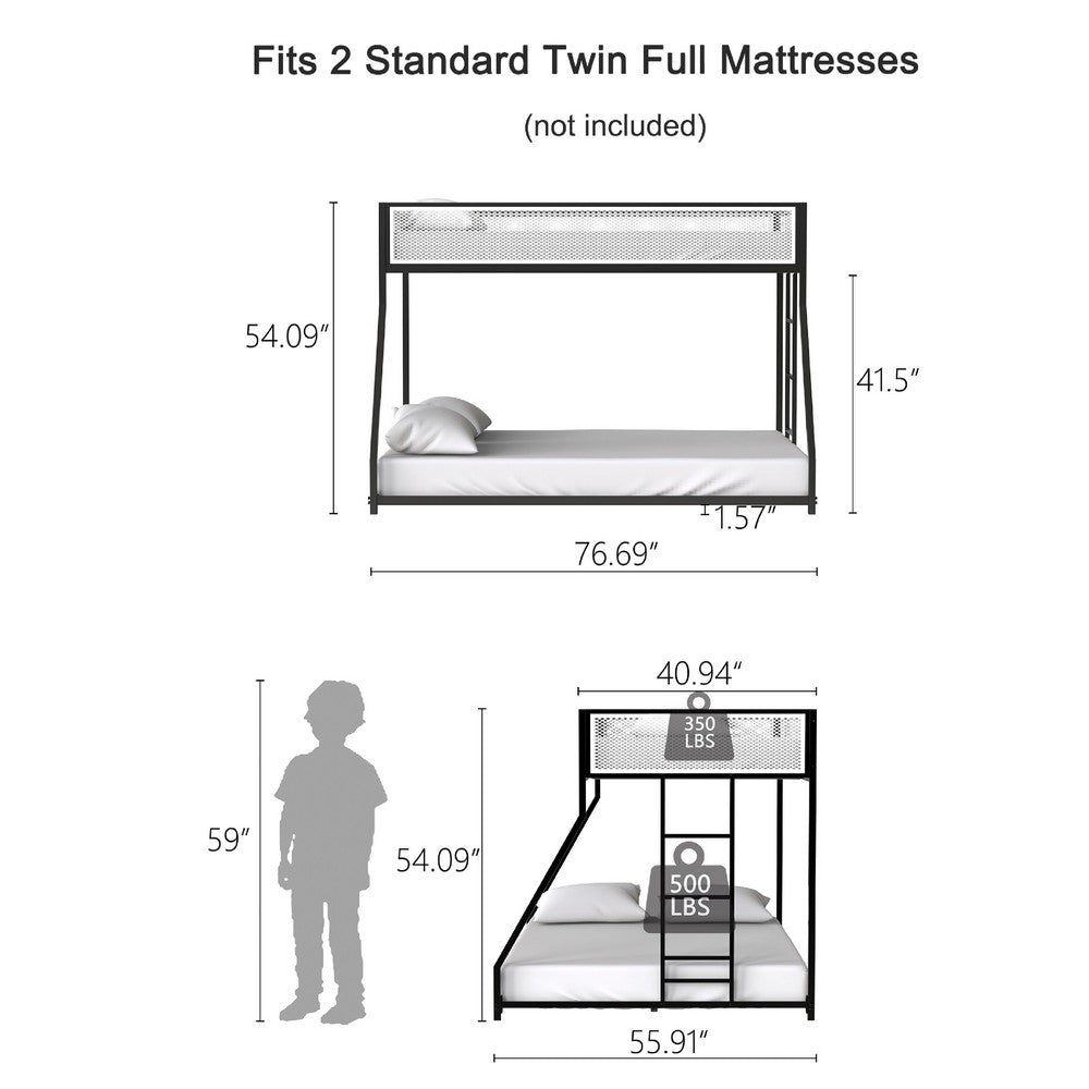 Benjara Ady Low Profile Twin Over Full Bunk Bed with Mesh Guardrail, Black Metal
