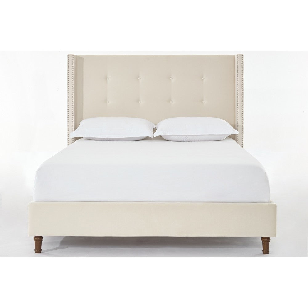 Benjara Pery Queen Size Bed with Button Tufted Headboard, Ivory Velvet Upholstery