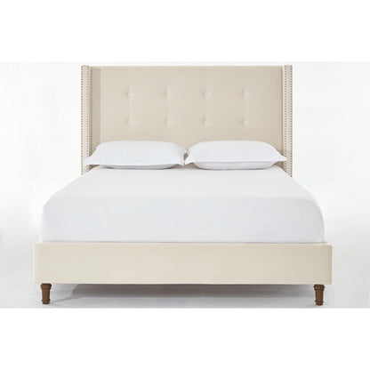Benjara Pery Queen Size Bed with Button Tufted Headboard, Ivory Velvet Upholstery