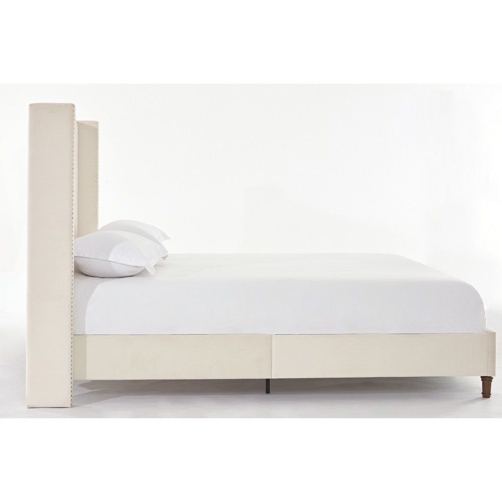 Benjara Pery Queen Size Bed with Button Tufted Headboard, Ivory Velvet Upholstery