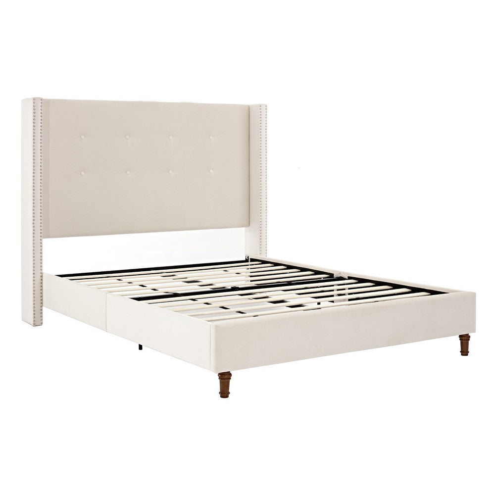 Benjara Pery Queen Size Bed with Button Tufted Headboard, Ivory Velvet Upholstery