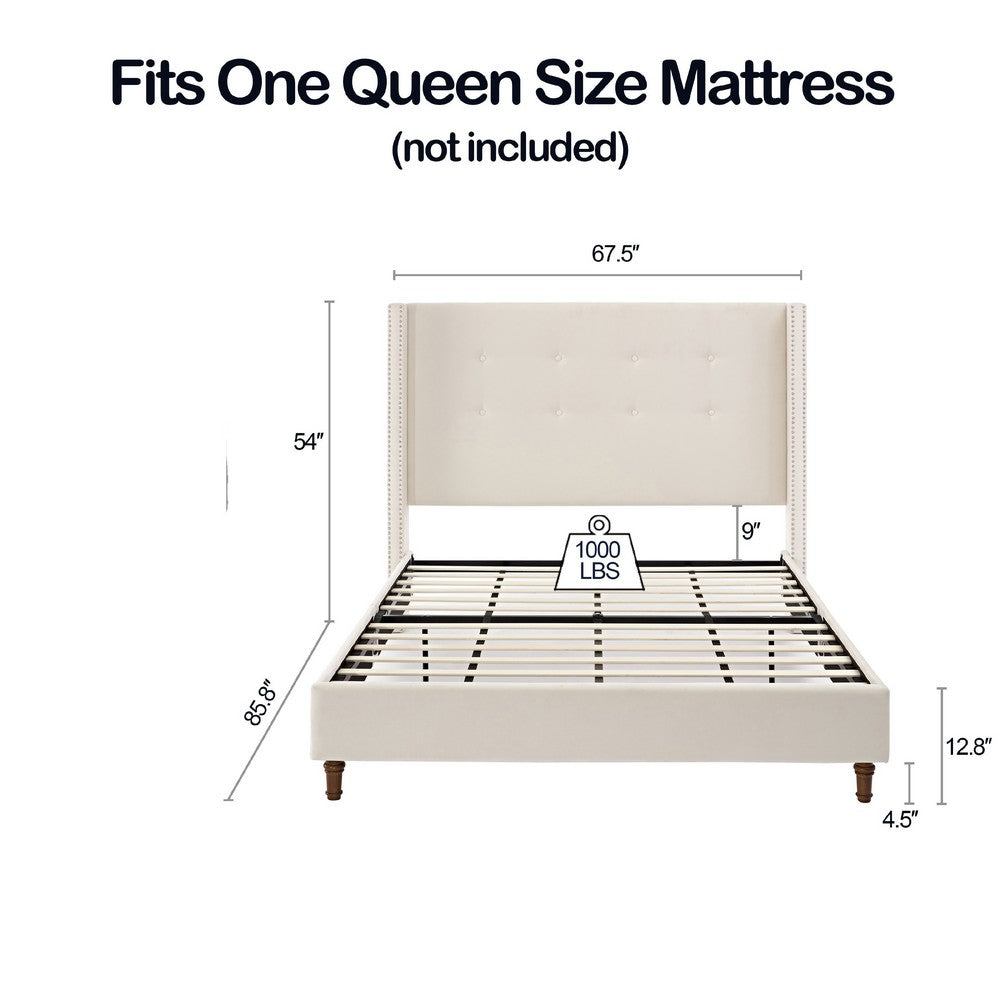 Benjara Pery Queen Size Bed with Button Tufted Headboard, Ivory Velvet Upholstery
