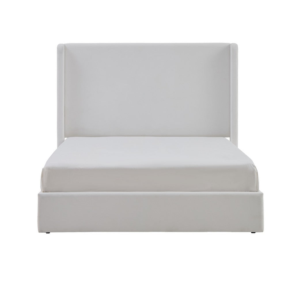 Benjara Cery King Size Bed with High Wingback Headboard, White Velvet Upholstery