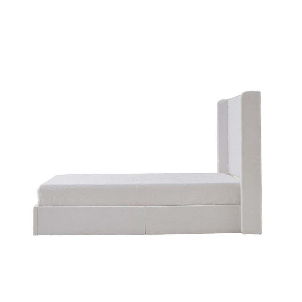 Benjara Cery King Size Bed with High Wingback Headboard, White Velvet Upholstery