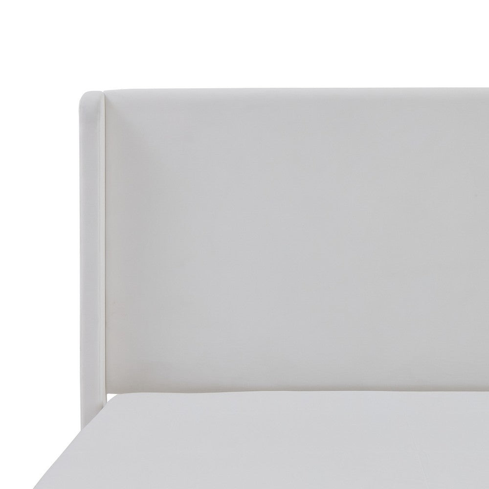 Benjara Cery King Size Bed with High Wingback Headboard, White Velvet Upholstery