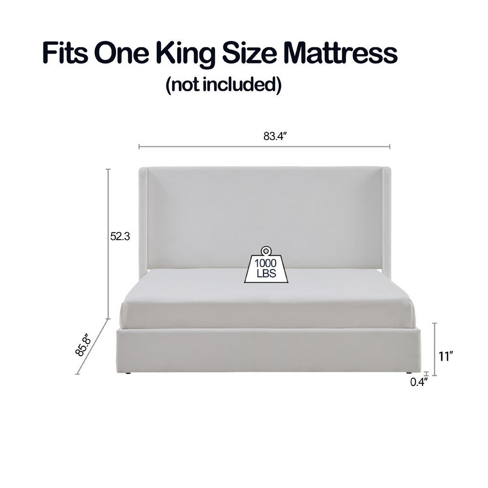 Benjara Cery King Size Bed with High Wingback Headboard, White Velvet Upholstery