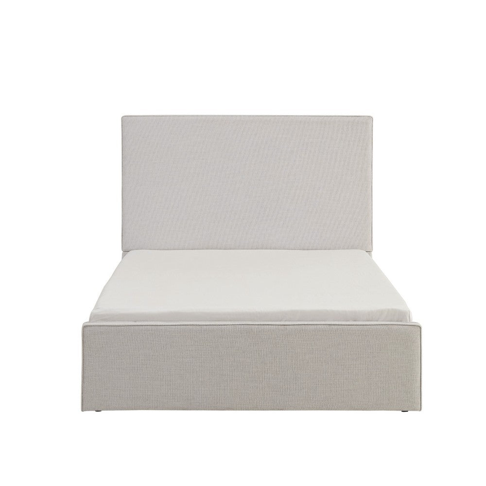 Benjara Zely Queen Size Bed with Tall Headboard, Textured Ivory Upholstery