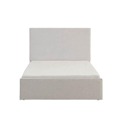 Benjara Zely Queen Size Bed with Tall Headboard, Textured Ivory Upholstery