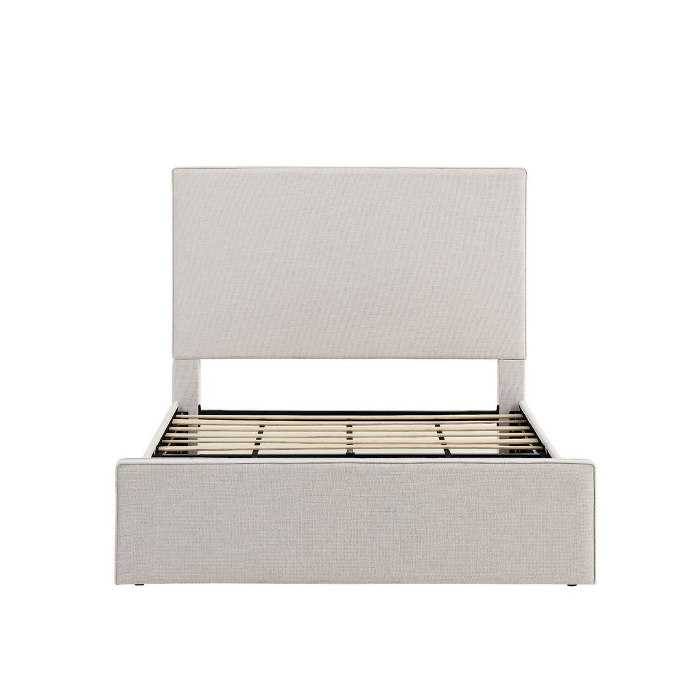Benjara Zely Queen Size Bed with Tall Headboard, Textured Ivory Upholstery