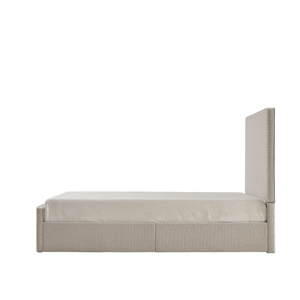 Benjara Zely Queen Size Bed with Tall Headboard, Textured Ivory Upholstery