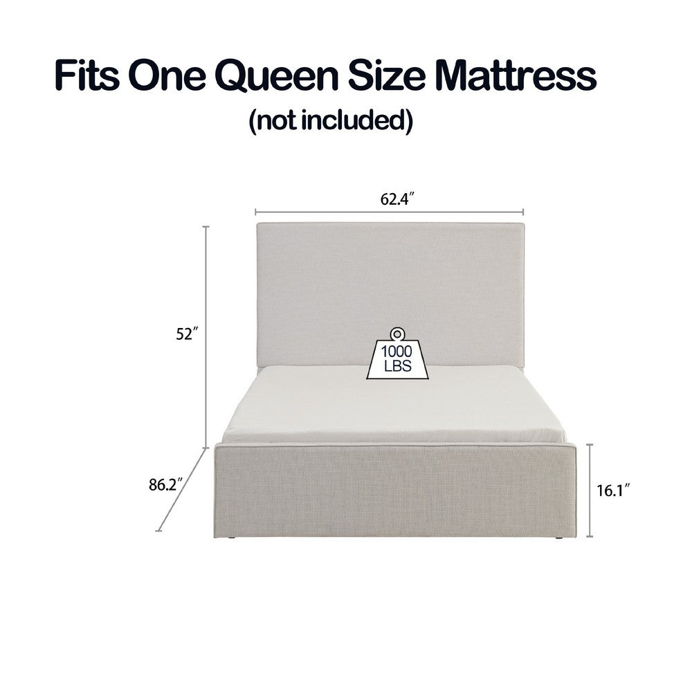 Benjara Zely Queen Size Bed with Tall Headboard, Textured Ivory Upholstery