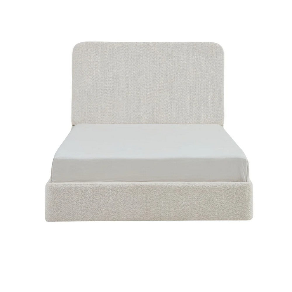Benjara Welz Queen Size Bed with Tall Headboard, Pearl White Chenille Upholstery