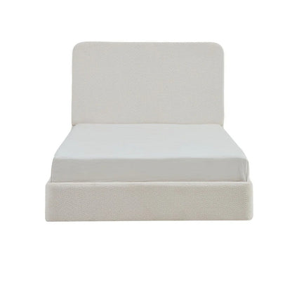 Benjara Welz Queen Size Bed with Tall Headboard, Pearl White Chenille Upholstery