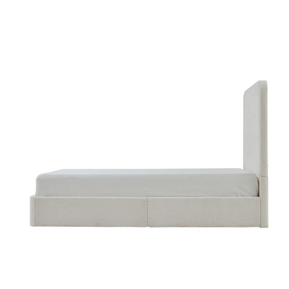 Benjara Welz Queen Size Bed with Tall Headboard, Pearl White Chenille Upholstery