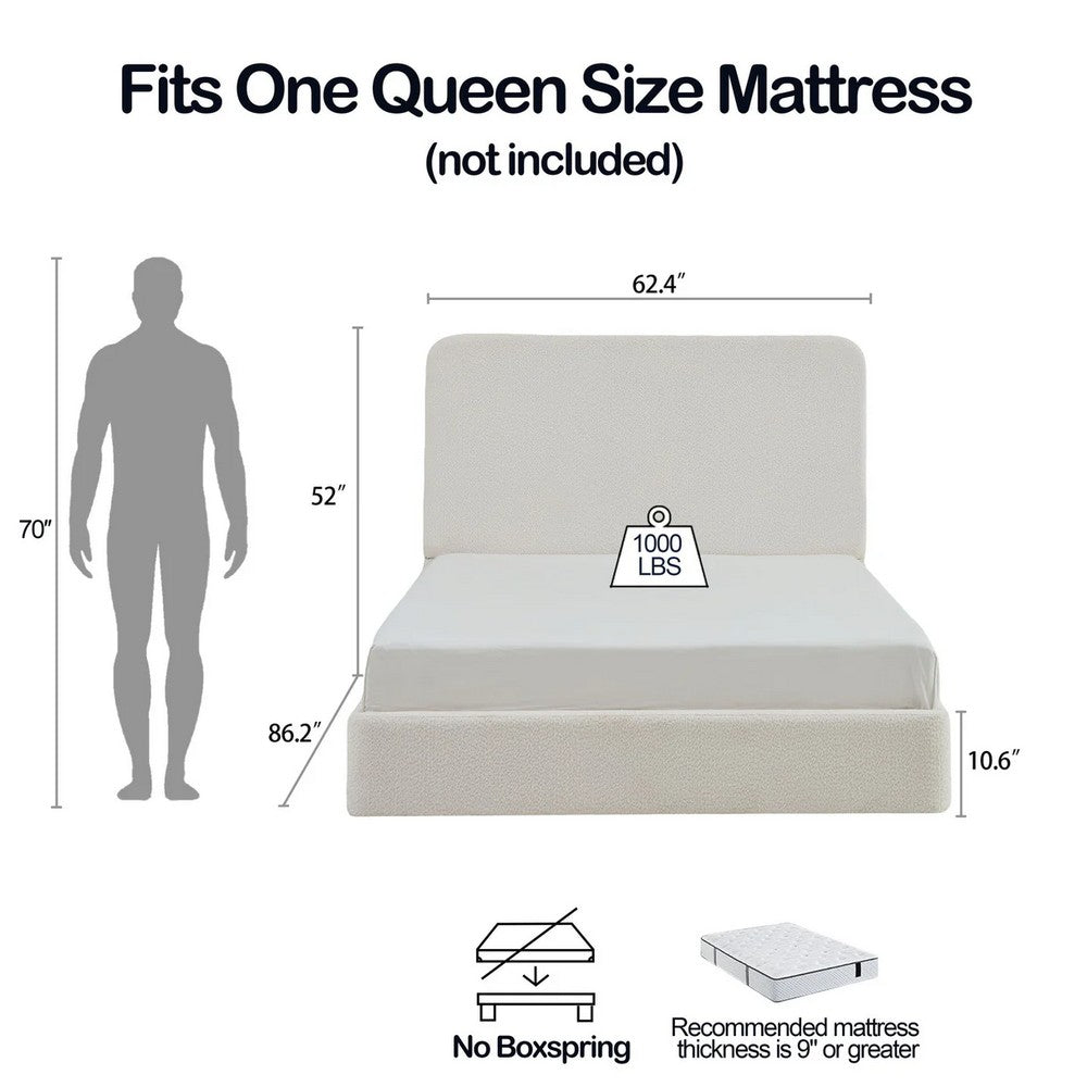 Benjara Welz Queen Size Bed with Tall Headboard, Pearl White Chenille Upholstery