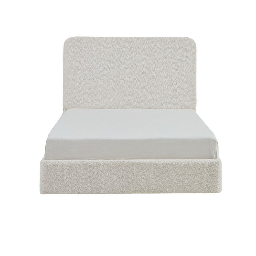 Benjara Welz King Size Bed with Tall Headboard, Pearl White Chenille Upholstery