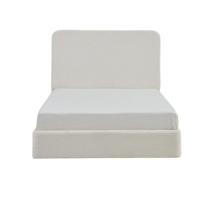 Benjara Welz King Size Bed with Tall Headboard, Pearl White Chenille Upholstery