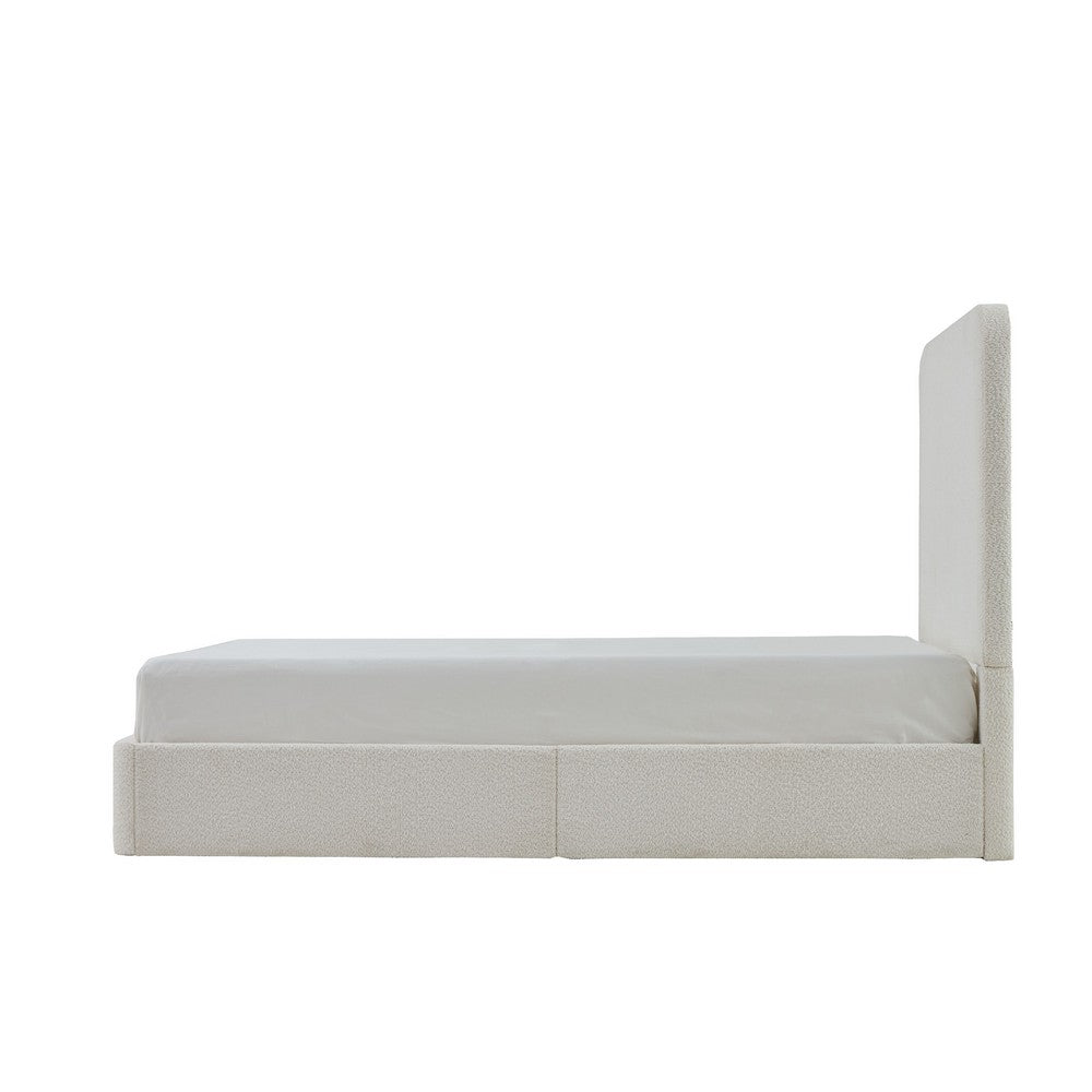 Benjara Welz King Size Bed with Tall Headboard, Pearl White Chenille Upholstery