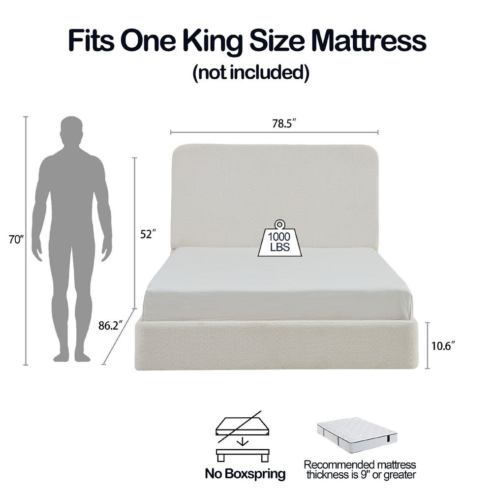 Benjara Welz King Size Bed with Tall Headboard, Pearl White Chenille Upholstery