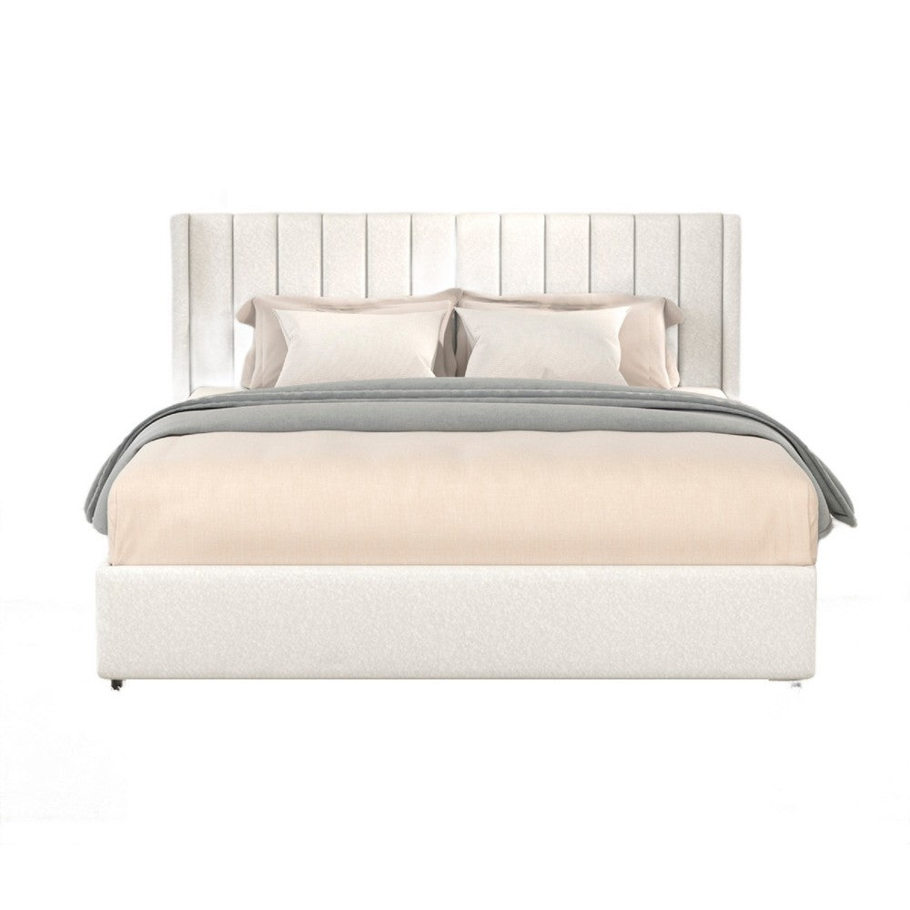 Benjara Deny Queen Size Bed, 2 Drawers, Channel Tufted Ivory Boucle Upholstery
