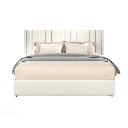Benjara Deny Queen Size Bed, 2 Drawers, Channel Tufted Ivory Boucle Upholstery