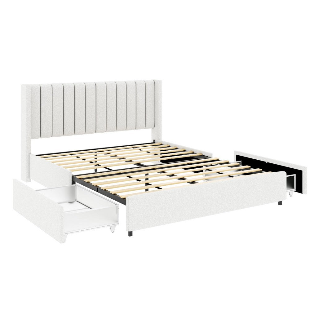 Benjara Deny Queen Size Bed, 2 Drawers, Channel Tufted Ivory Boucle Upholstery