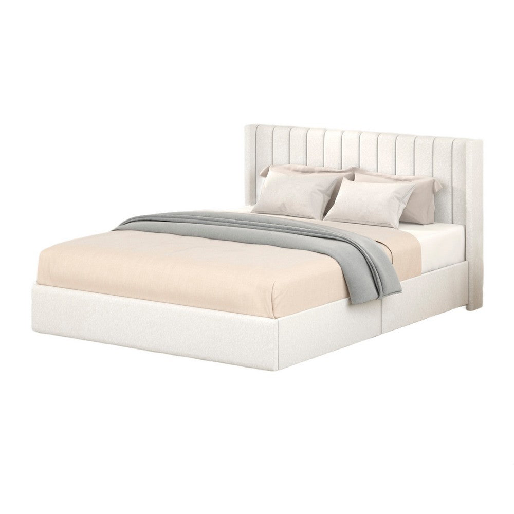 Benjara Deny Queen Size Bed, 2 Drawers, Channel Tufted Ivory Boucle Upholstery