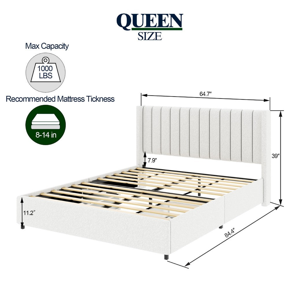Benjara Deny Queen Size Bed, 2 Drawers, Channel Tufted Ivory Boucle Upholstery