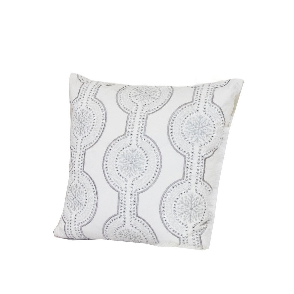 Benjara Zey Throw Pillow Cover, Snowflake Embroidered White Velvet, 20 Inch Square