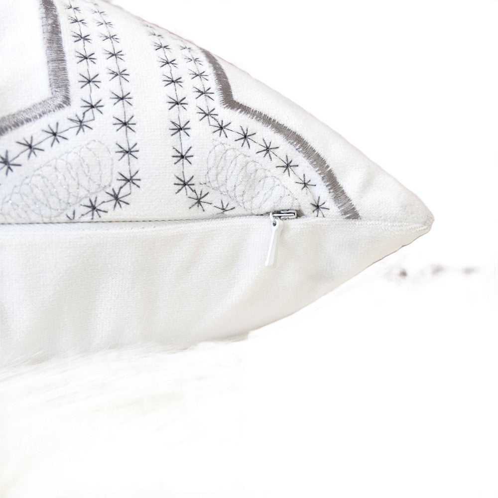 Benjara Zey Throw Pillow Cover, Snowflake Embroidered White Velvet, 20 Inch Square