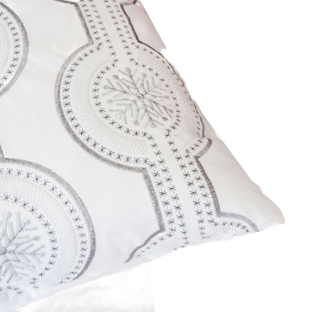 Benjara Zey Throw Pillow Cover, Snowflake Embroidered White Velvet, 20 Inch Square