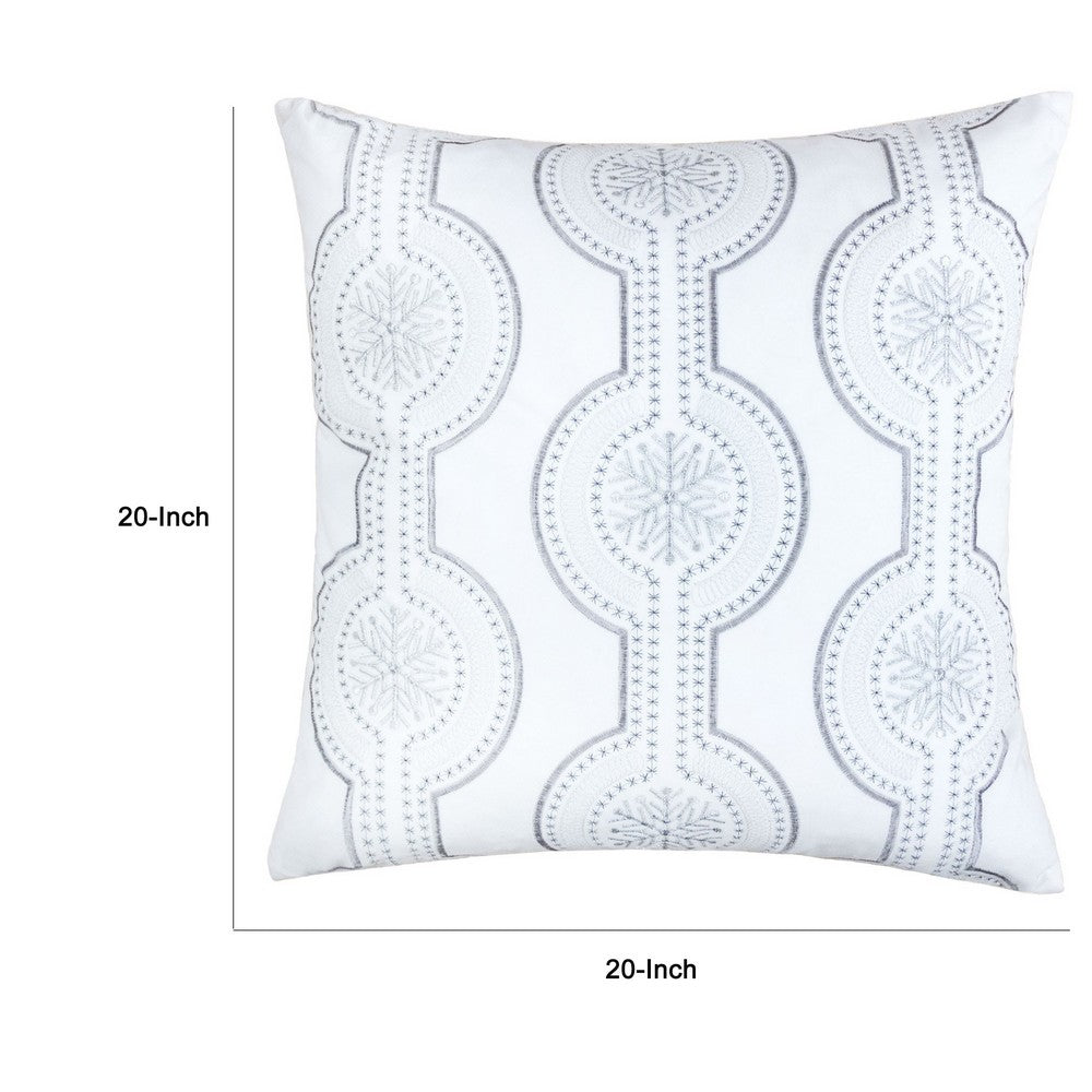 Benjara Zey Throw Pillow Cover, Snowflake Embroidered White Velvet, 20 Inch Square