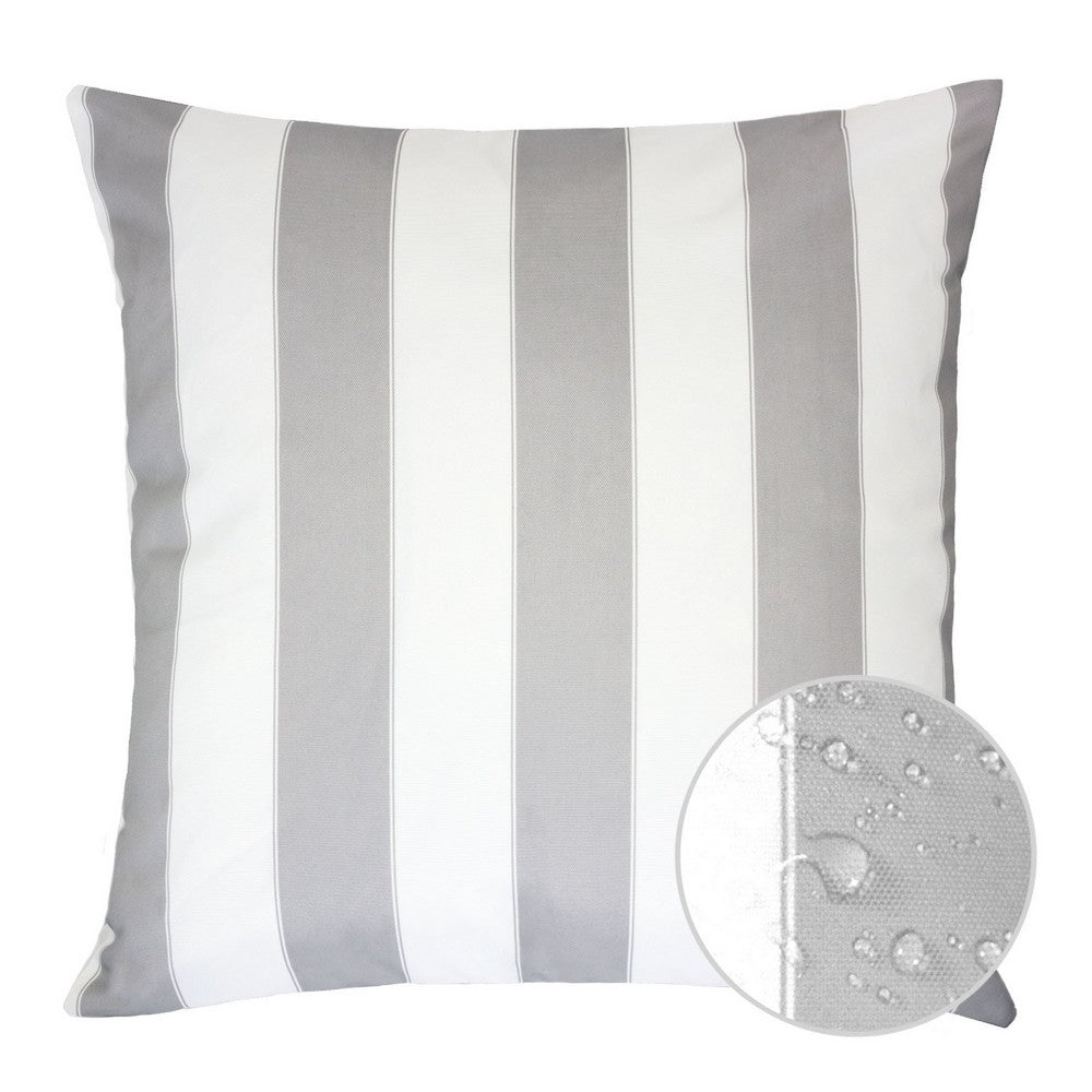 Benjara Keo Outdoor Throw Pillow Cover, Silver White Wide Stripes, 20 Inch Square