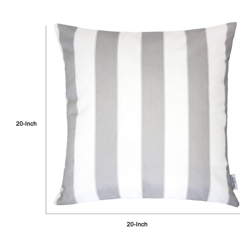 Benjara Keo Outdoor Throw Pillow Cover, Silver White Wide Stripes, 20 Inch Square