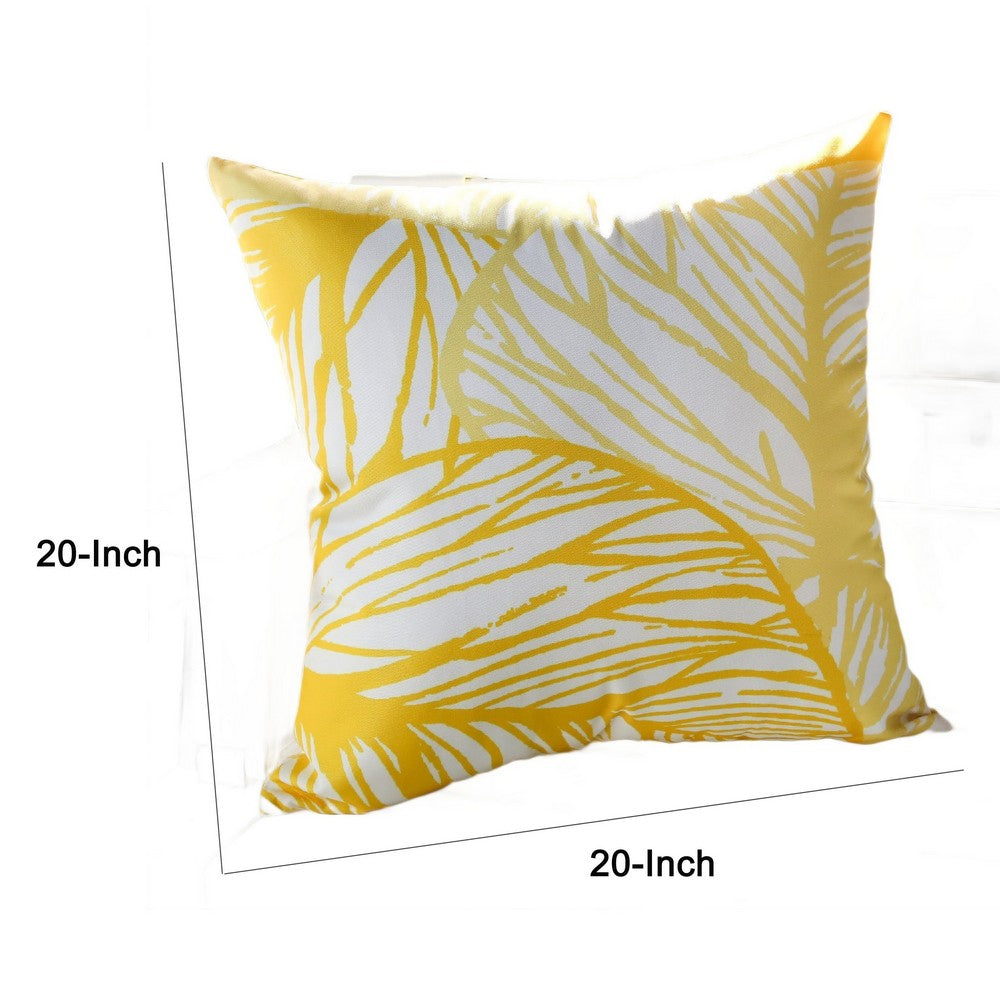 Benjara Gey Throw Pillow Cover, Outdoor Yellow Cover And White Leaf 20 Inch Square
