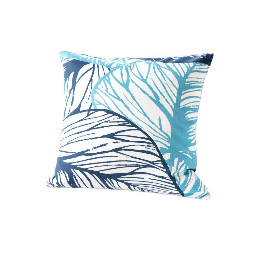 Benjara Gey Outdoor Throw Pillow Cover, Blue White Leaf Vein Pattern, 20 Inch Square