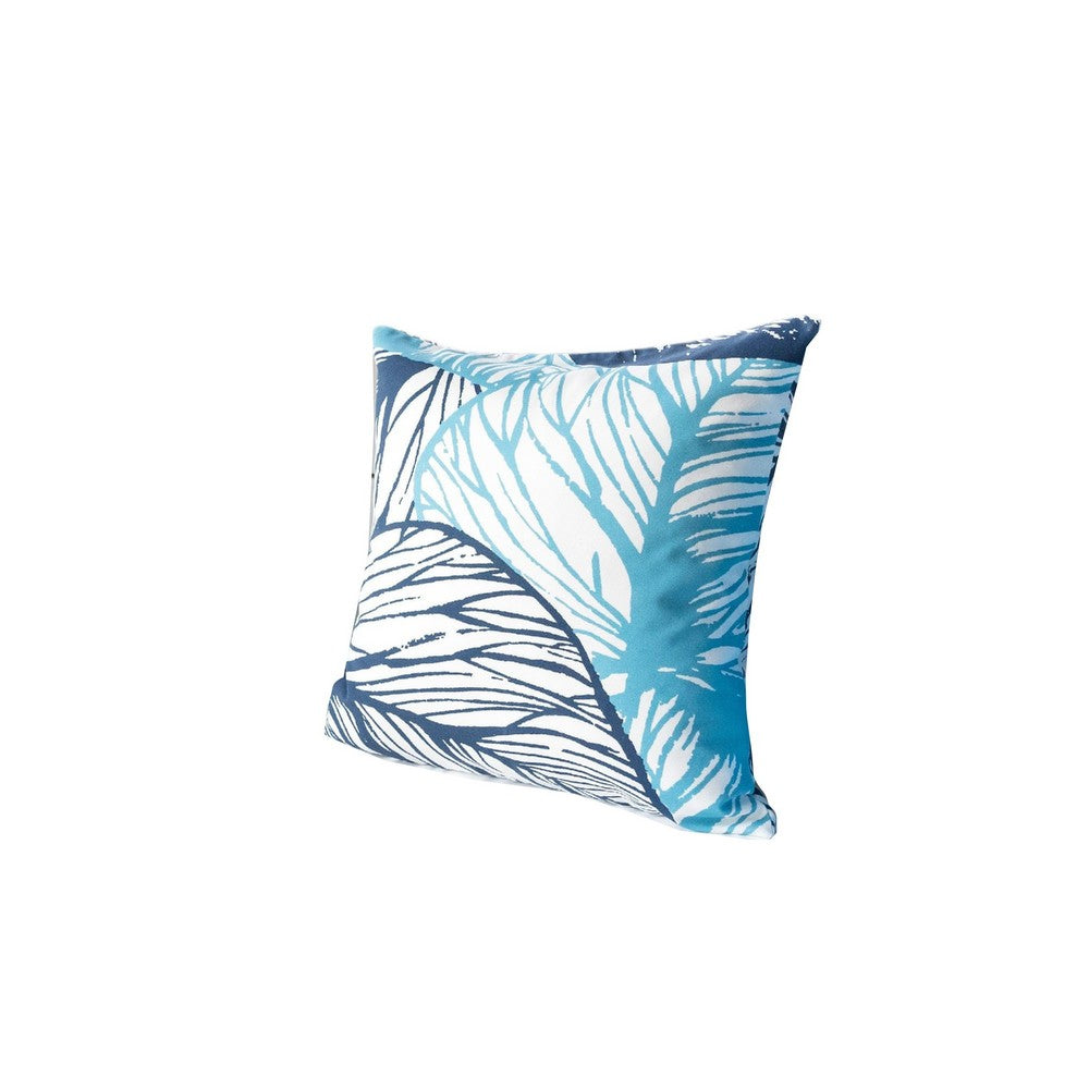 Benjara Gey Outdoor Throw Pillow Cover, Blue White Leaf Vein Pattern, 20 Inch Square