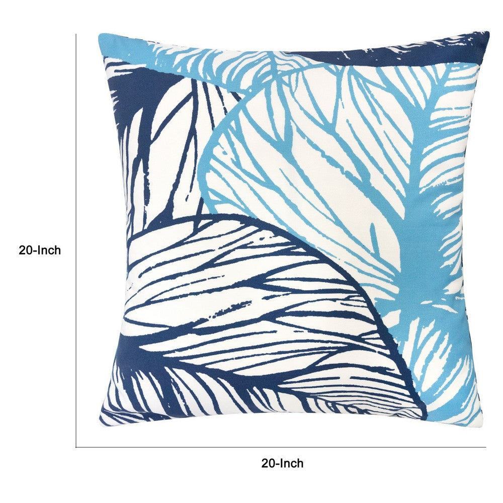 Benjara Gey Outdoor Throw Pillow Cover, Blue White Leaf Vein Pattern, 20 Inch Square