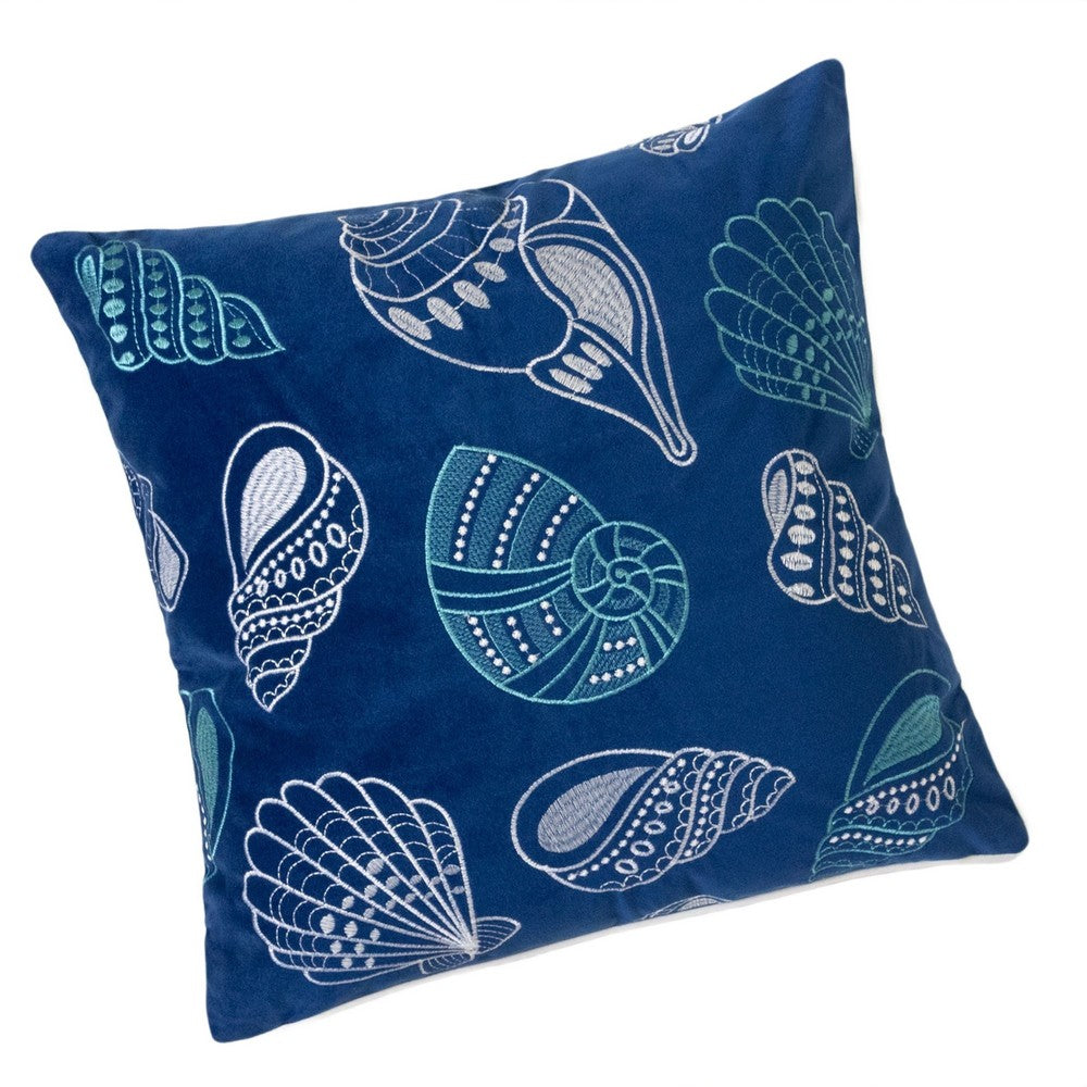 Benjara Coastal Shell Design Throw Pillow Cover, Indigo Velvet, 20 Inch Square