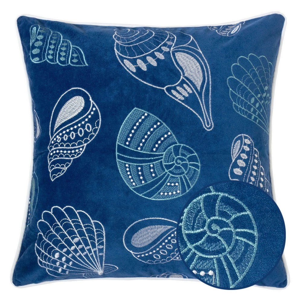 Benjara Coastal Shell Design Throw Pillow Cover, Indigo Velvet, 20 Inch Square