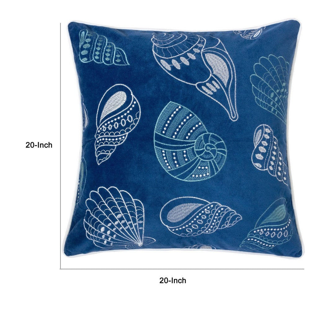 Benjara Coastal Shell Design Throw Pillow Cover, Indigo Velvet, 20 Inch Square