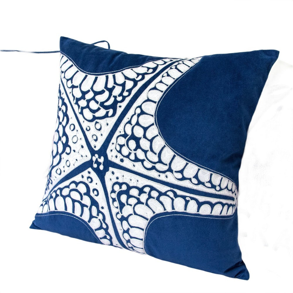 Benjara Throw Pillow Cover, Starfish Design, Coastal Indigo Velvet 20 Inch Square