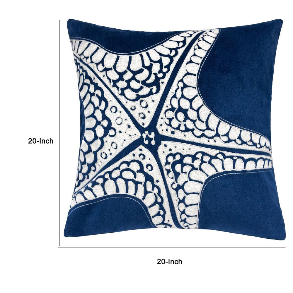 Benjara Throw Pillow Cover, Starfish Design, Coastal Indigo Velvet 20 Inch Square
