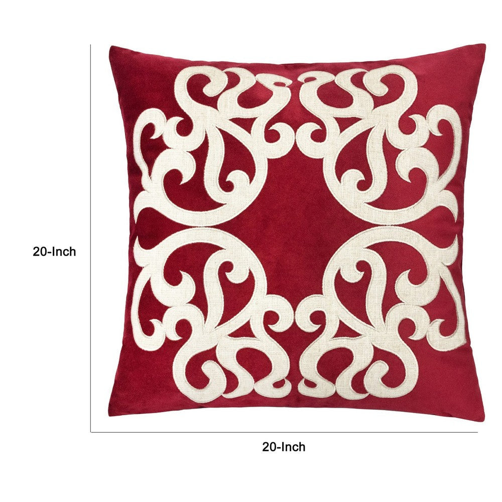 Benjara Dery 20x20 Square Throw Pillow Cover, Double Sided Red Velvet Vintage Design
