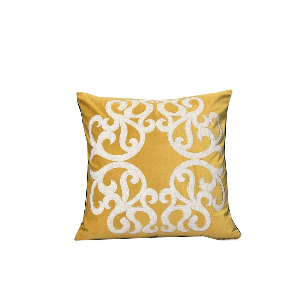 Benjara Dery 20x20 Square Throw Pillow Cover, 2 Sided Yellow Cover Velvet Vintage